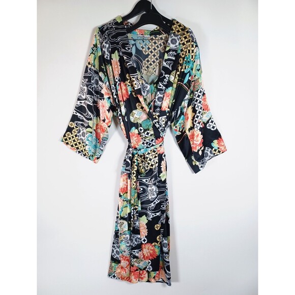 Natori Kimono Robe & Gown Asian Floral XL Belted Satin Pockets Black Geometric - Picture 1 of 11
